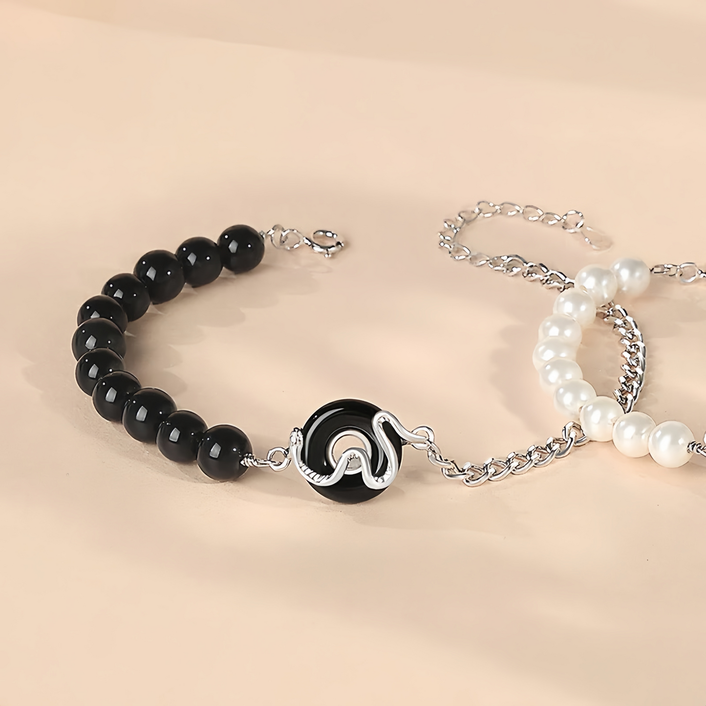 Black Obsidian Black Onyx Chalcedony Peace Buckle 925 Sterling Silver Year Of The Snake Pearl Purification Couple's Bracelet