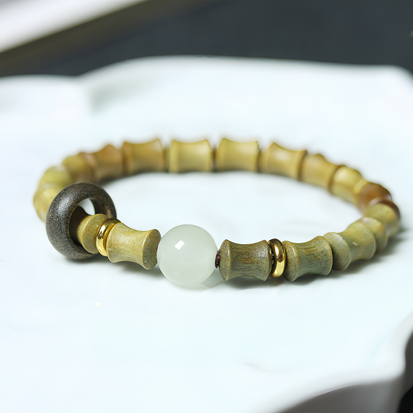 Buddha Beads Sandalwood Bamboo Node & Climbing Higher Design Moonstone Bracelet - Wellness Jewelry for Inner Peace