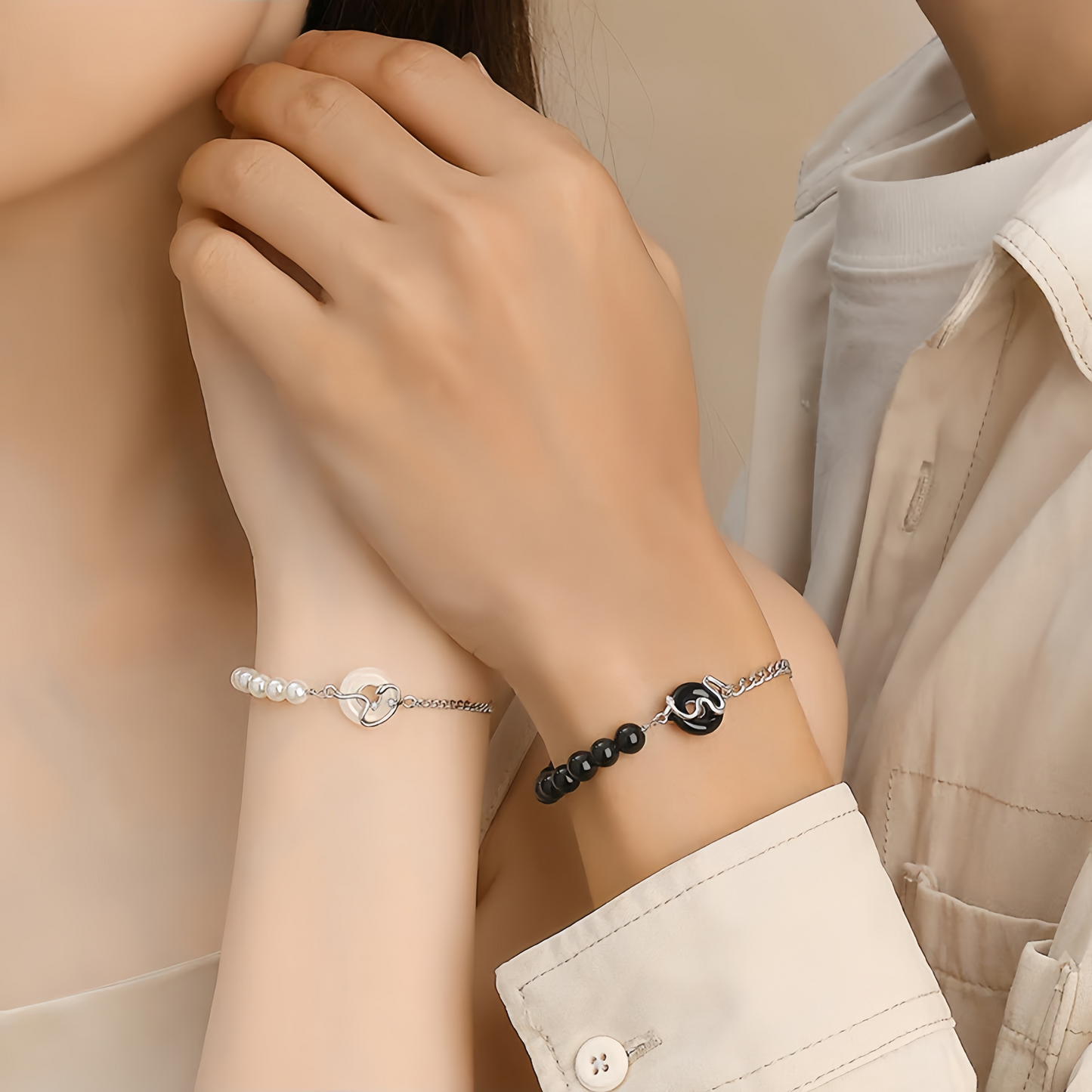 Black Obsidian Black Onyx Chalcedony Peace Buckle 925 Sterling Silver Year Of The Snake Pearl Purification Couple's Bracelet