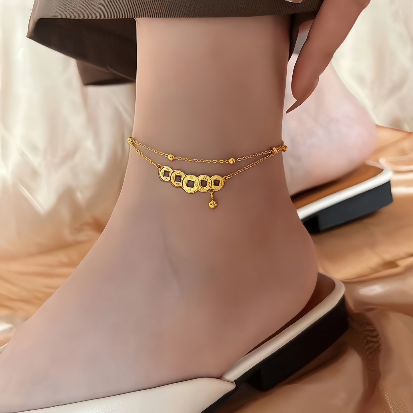 Double Layer Vintage Copper Coin Anklet for Women - Adjustable Lucky Wealth Anklet Chain
