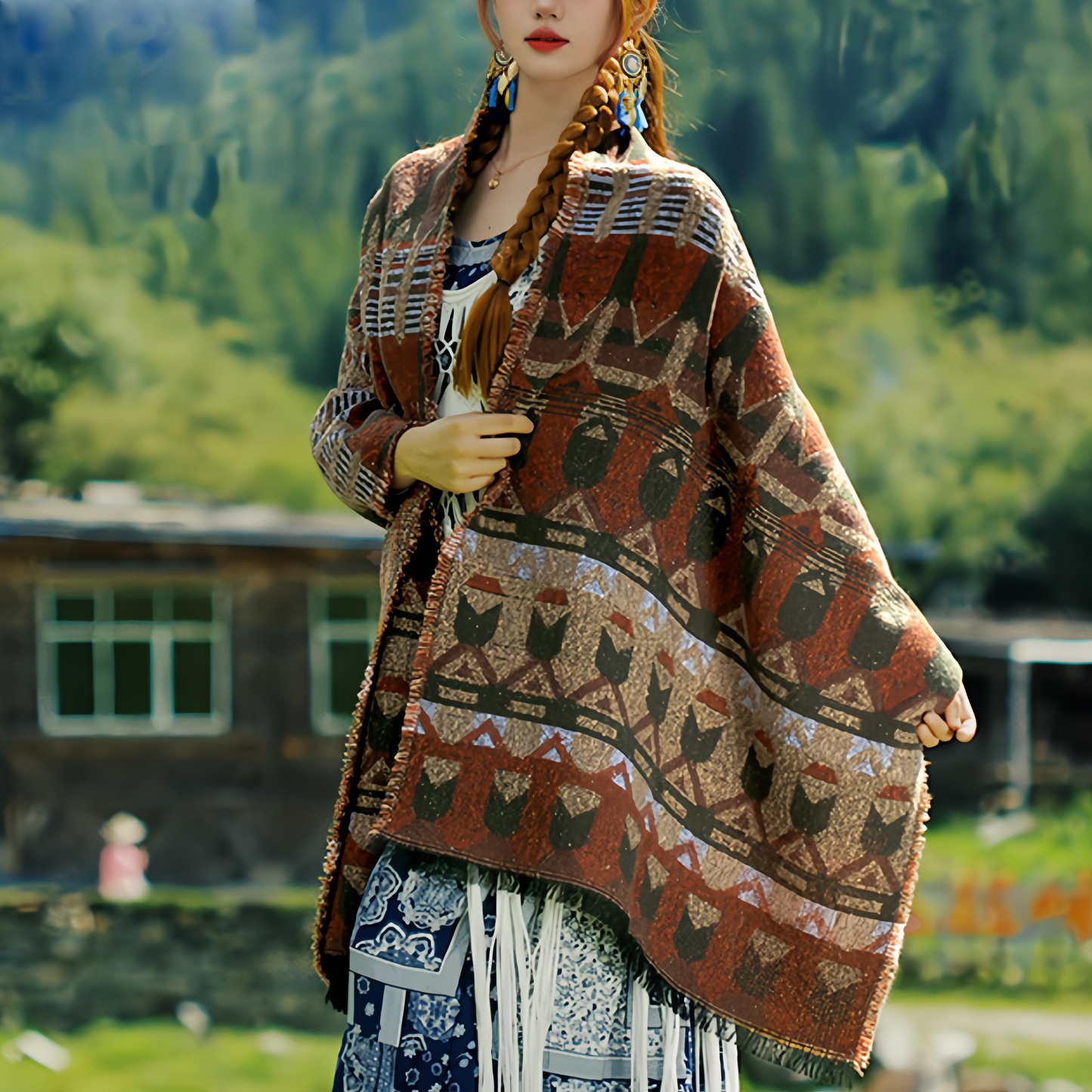 Estilo Europeo Y Americano, Capa De Chal Y Bufanda Con Estampado De Bosque Para Mujeres