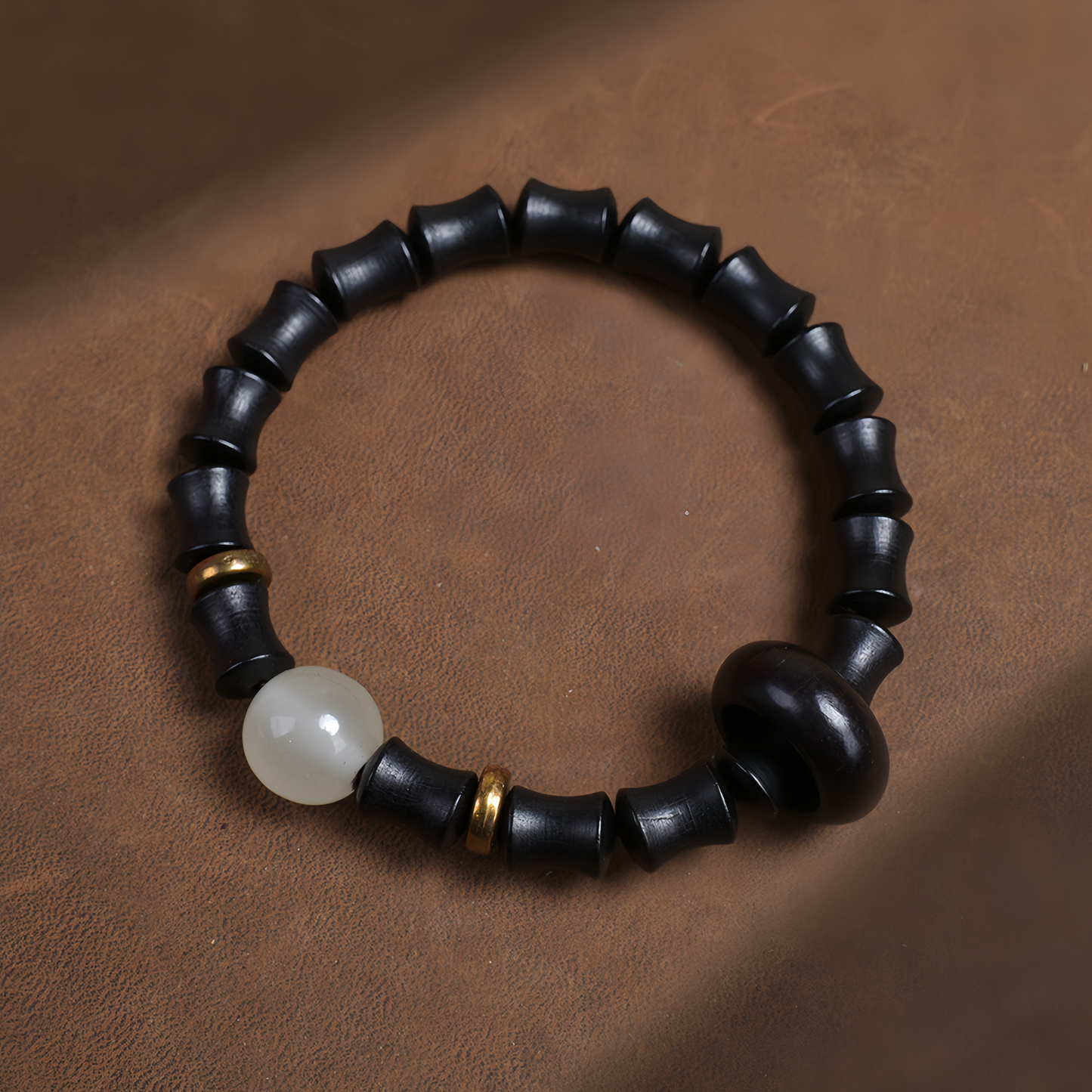 Buddha Beads Sandalwood Bamboo Node & Climbing Higher Design Moonstone Bracelet - Wellness Jewelry for Inner Peace