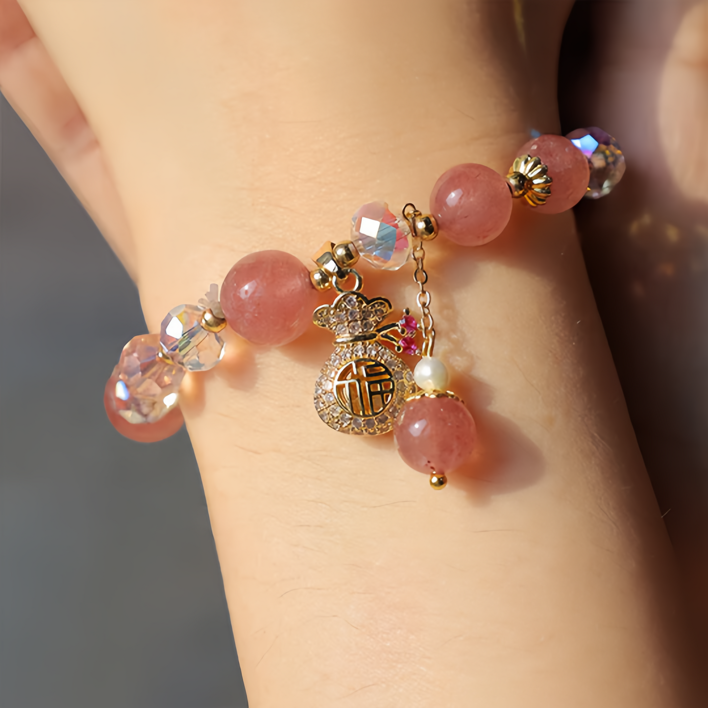 Natural Strawberry Quartz Crystal Money Bag Charm Positive Bracelet