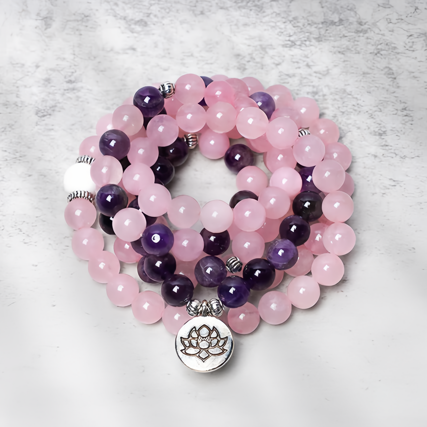 Healing Energy Jewelry: 108 Natural Rose Quartz & Amethyst Mala Bead Lotus Pendant Bracelet