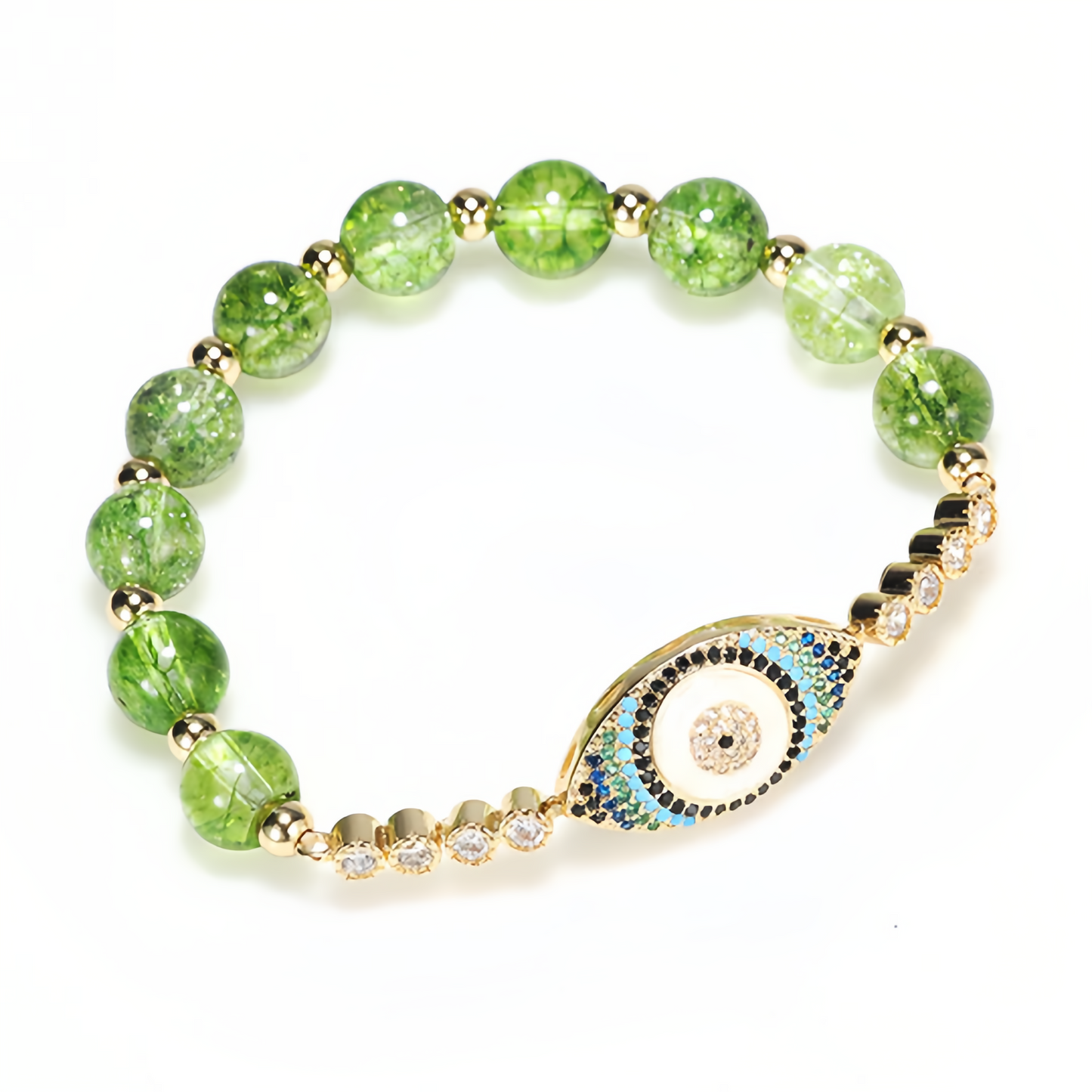 Handmade Natural Olivine Crystal Bracelet with Protective Nazar Eye Pendant