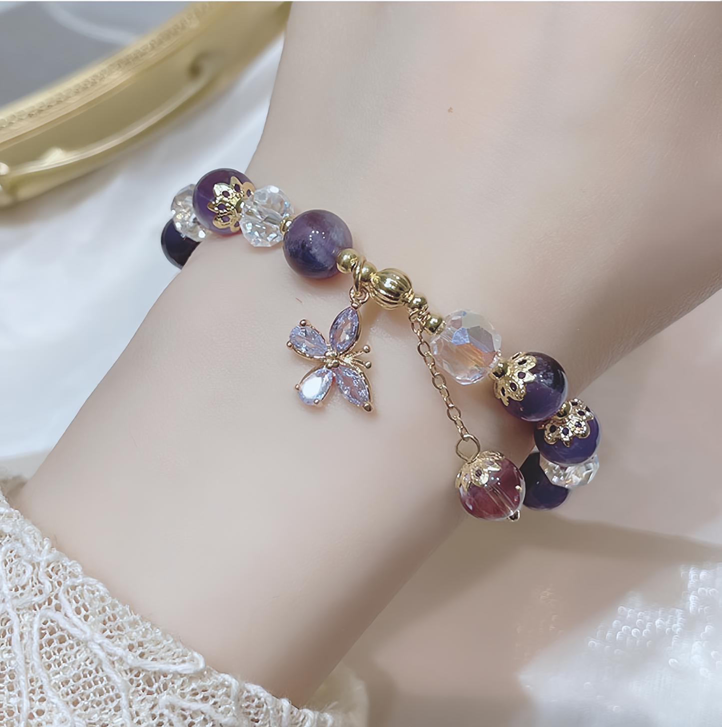 Natural Amethyst Crystal Spiritual Butterfly Charm Bracelet