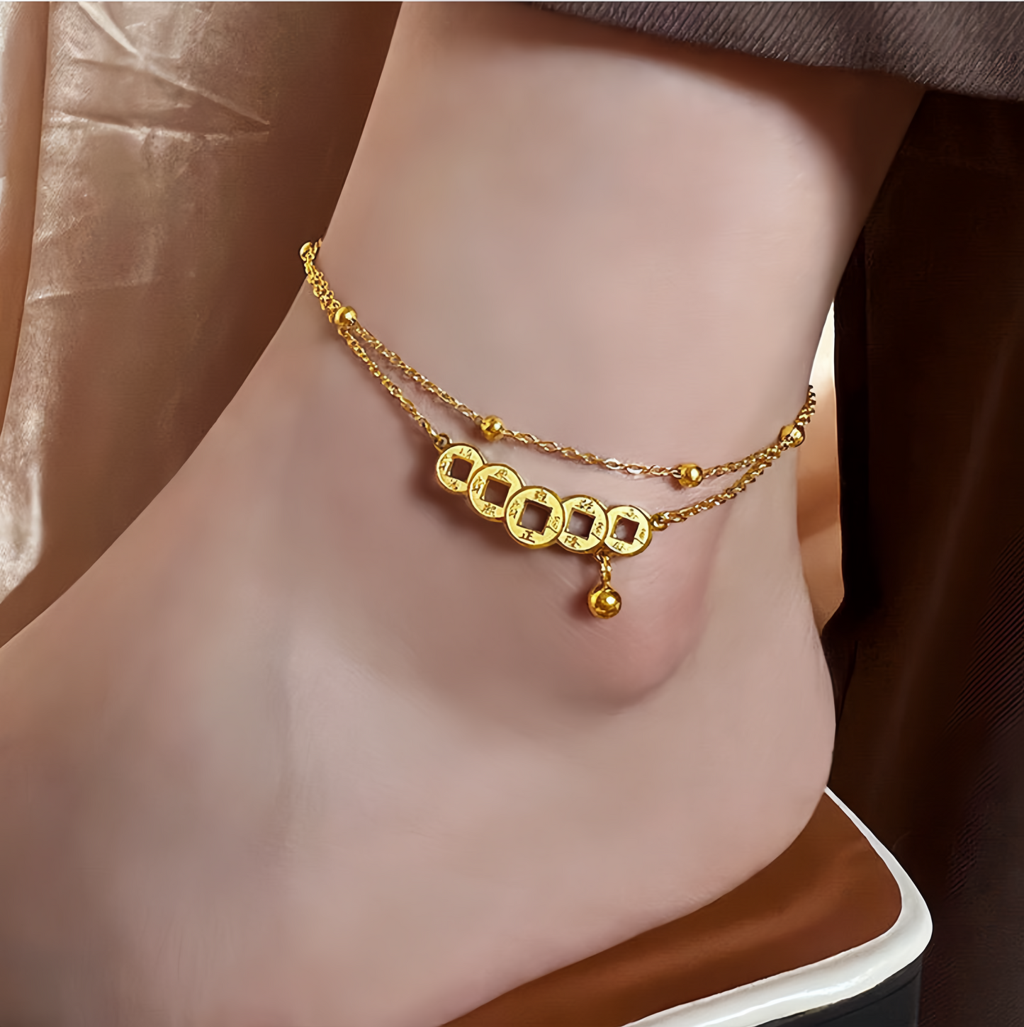 Double Layer Vintage Copper Coin Anklet for Women - Adjustable Lucky Wealth Anklet Chain