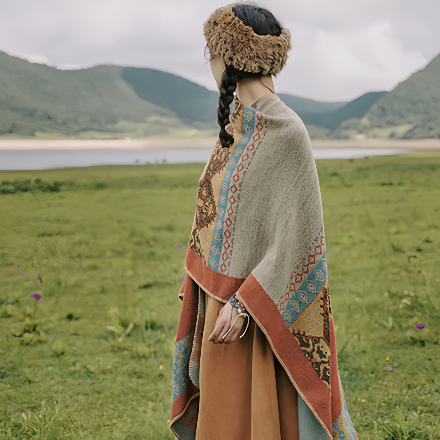 Scialle tibetano con motivo a rombi, sciarpa invernale calda