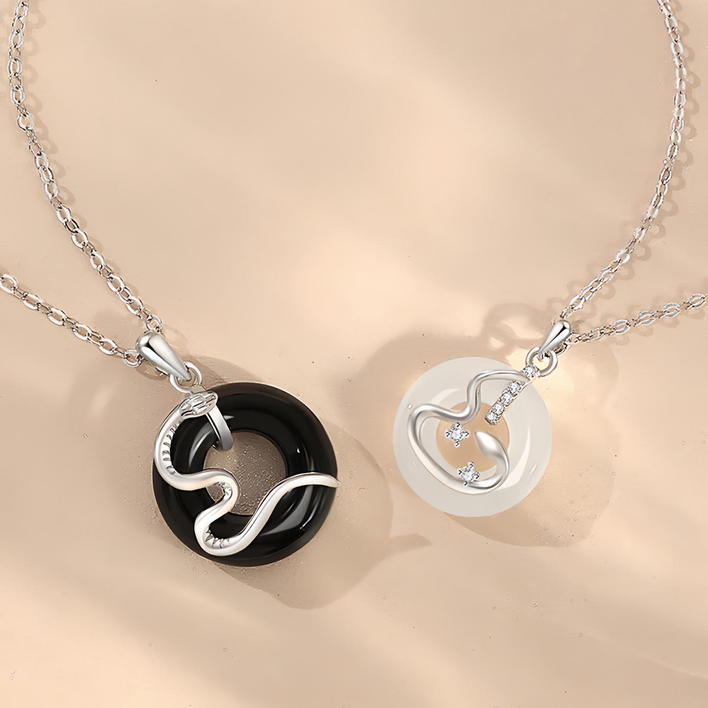 925 Sterling Silver Black Onyx Chalcedony Peace Buckle Year Of The Snake Luck Pendant Necklace
