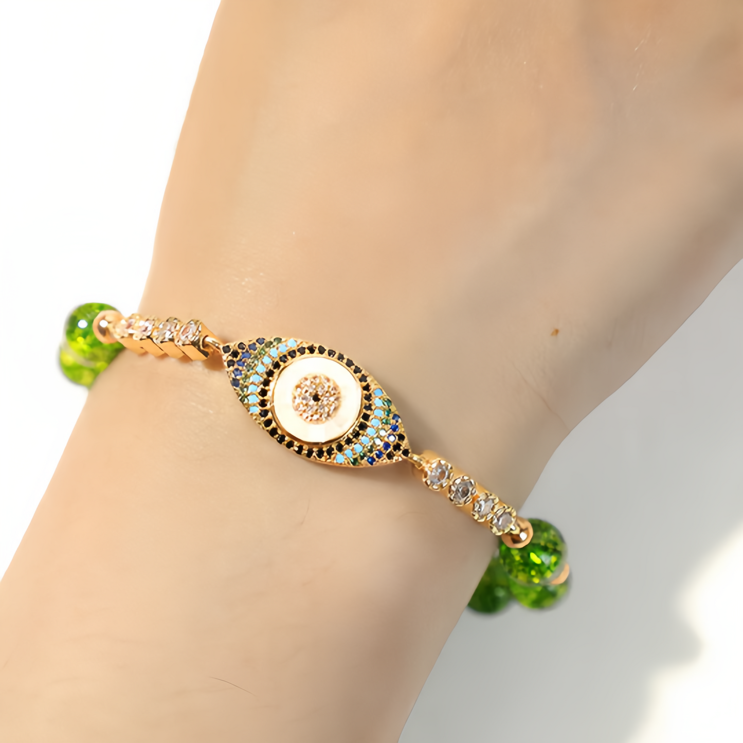 Handmade Natural Olivine Crystal Bracelet with Protective Nazar Eye Pendant