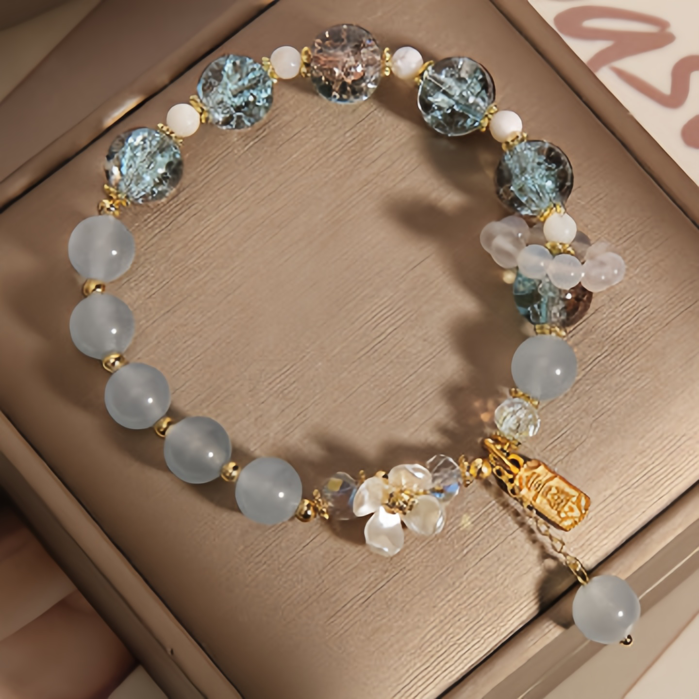 Natural Blue Crystal Amethyst Chalcedony Flower Healing Bracelet