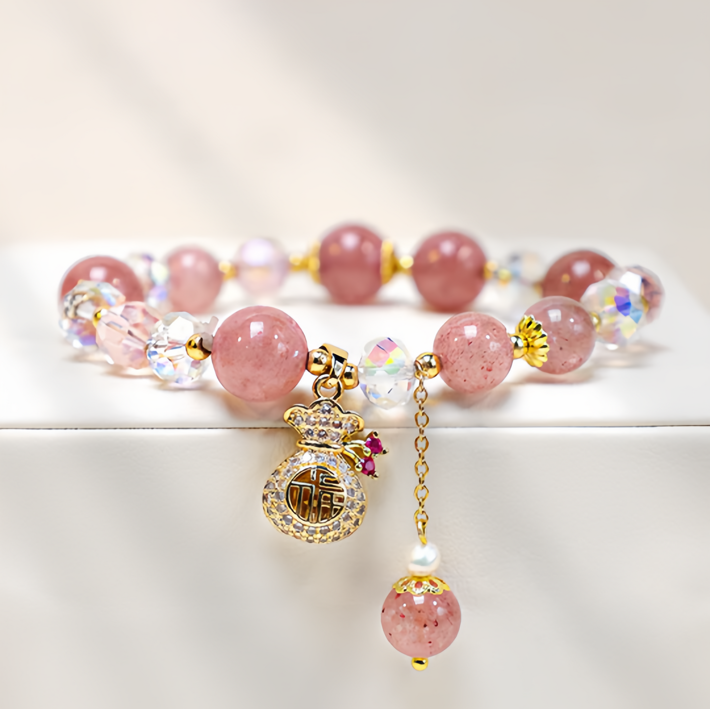 Natural Strawberry Quartz Crystal Money Bag Charm Positive Bracelet