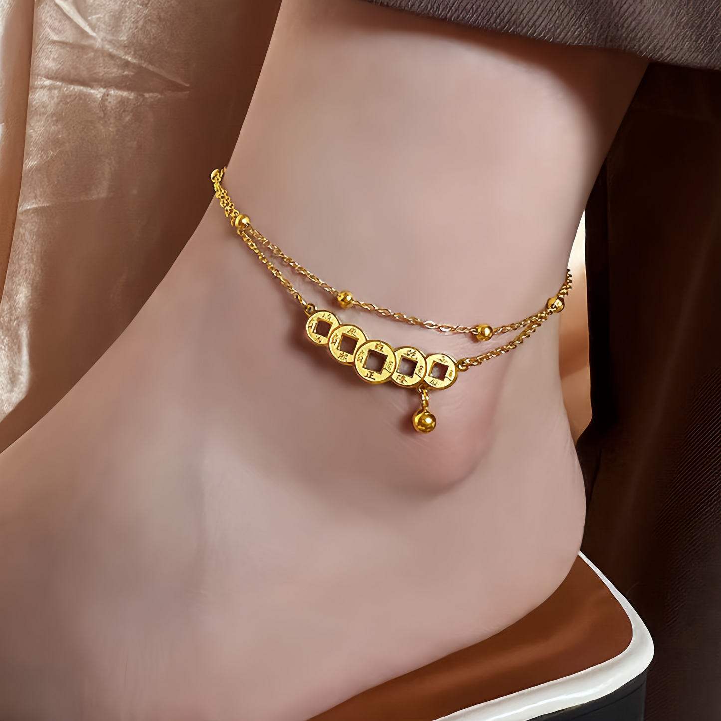 Double Layer Vintage Copper Coin Anklet for Women - Adjustable Lucky Wealth Anklet Chain