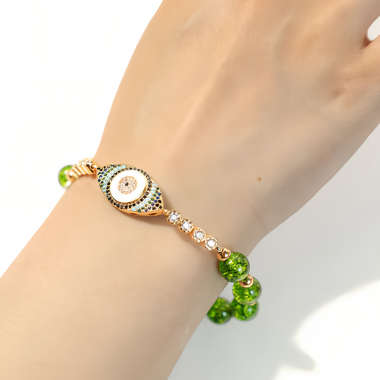 Handmade Natural Olivine Crystal Bracelet with Protective Nazar Eye Pendant