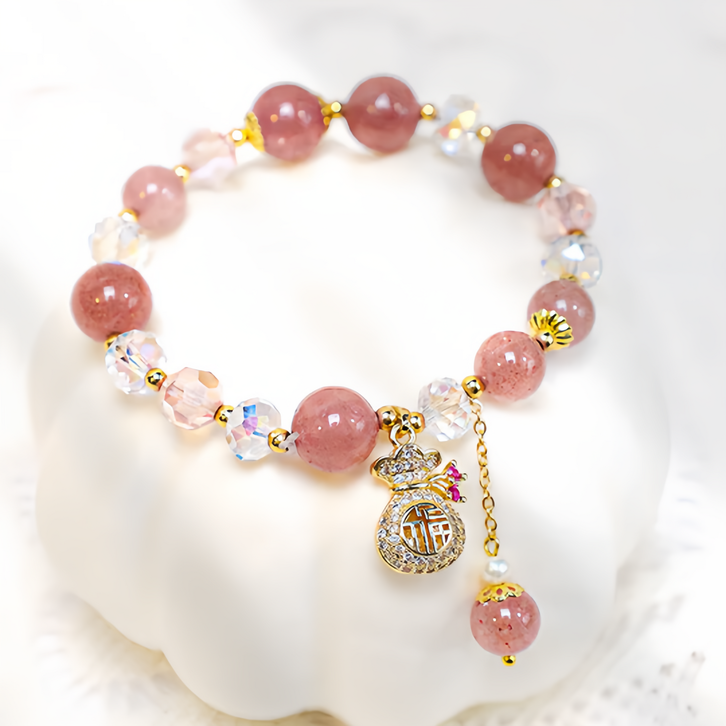 Natural Strawberry Quartz Crystal Money Bag Charm Positive Bracelet