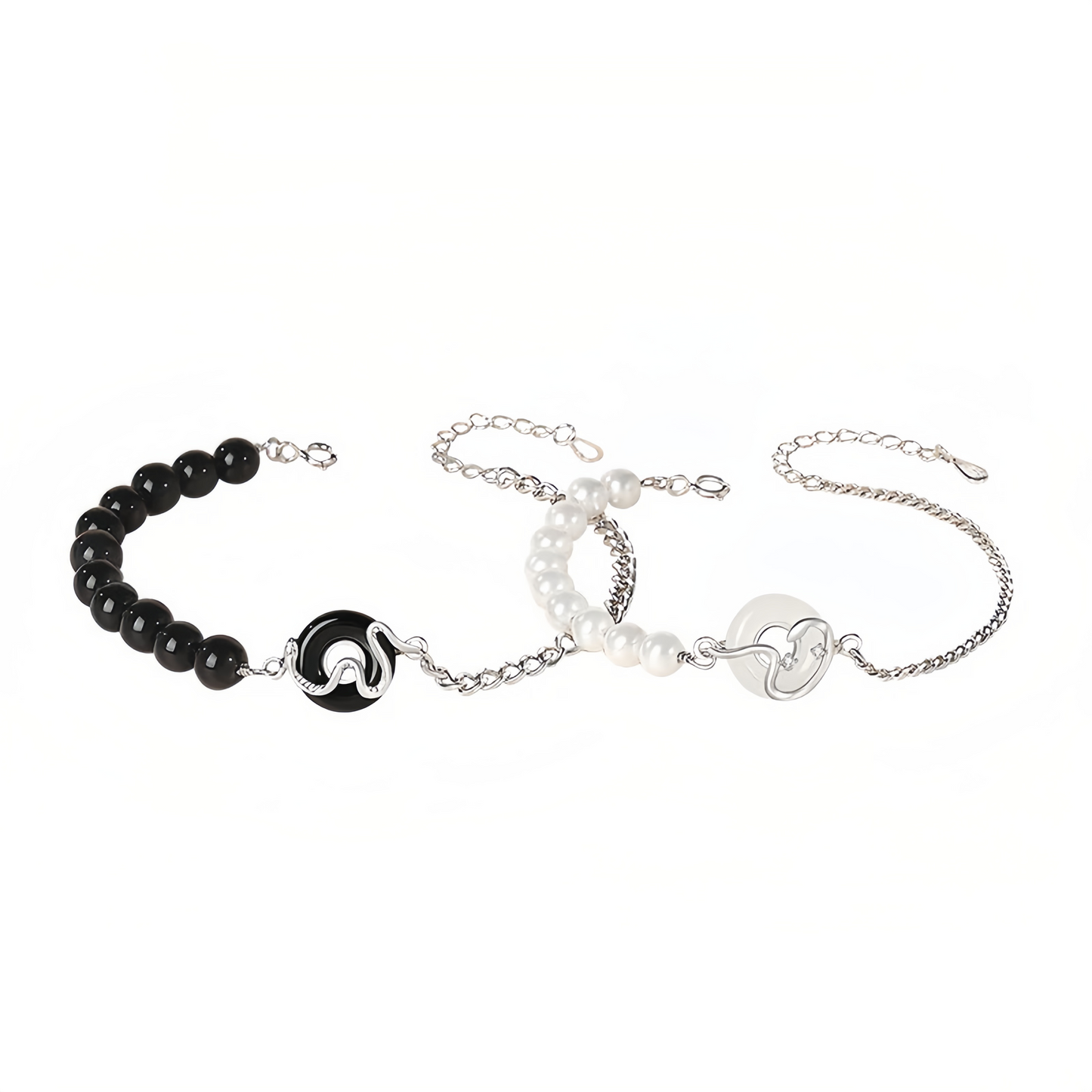 Black Obsidian Black Onyx Chalcedony Peace Buckle 925 Sterling Silver Year Of The Snake Pearl Purification Couple's Bracelet