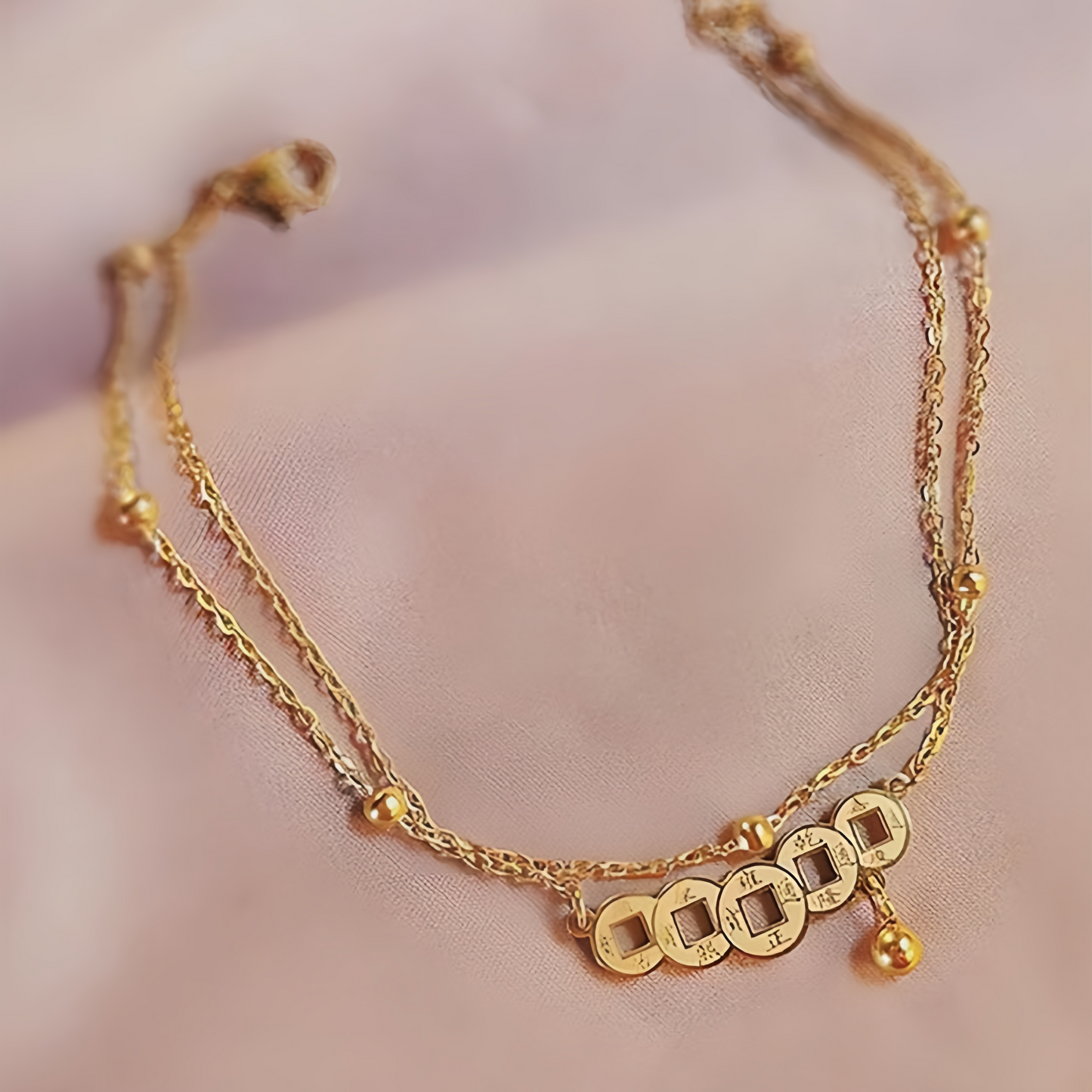 Double Layer Vintage Copper Coin Anklet for Women - Adjustable Lucky Wealth Anklet Chain
