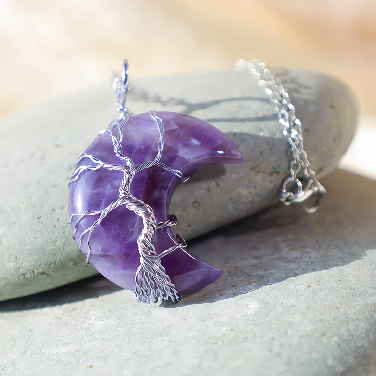 Healing Energy Jewelry:Natural Quartz Crystal Moon Tree Of Life Healing Energy Necklace Pendant