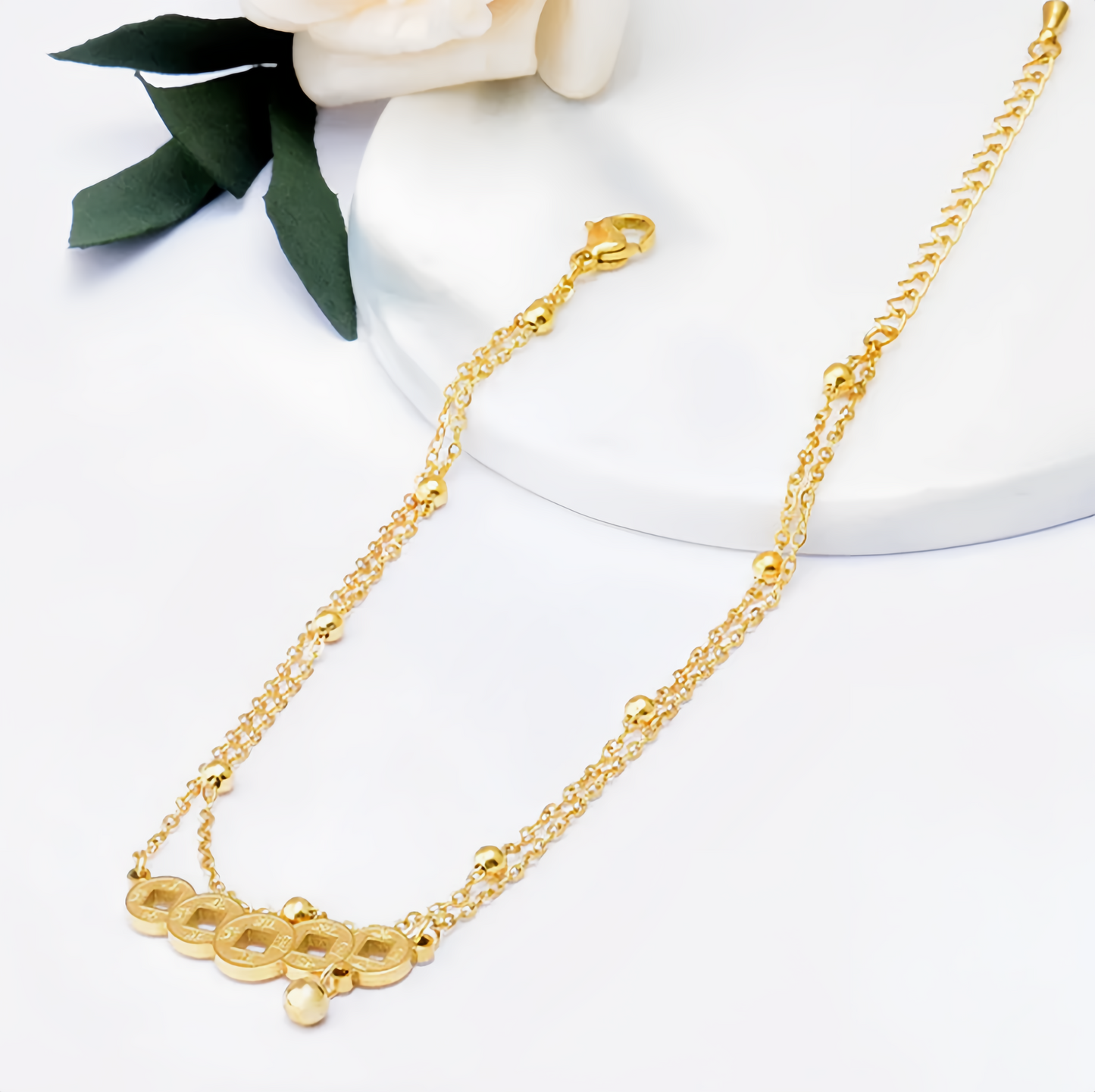 Double Layer Vintage Copper Coin Anklet for Women - Adjustable Lucky Wealth Anklet Chain