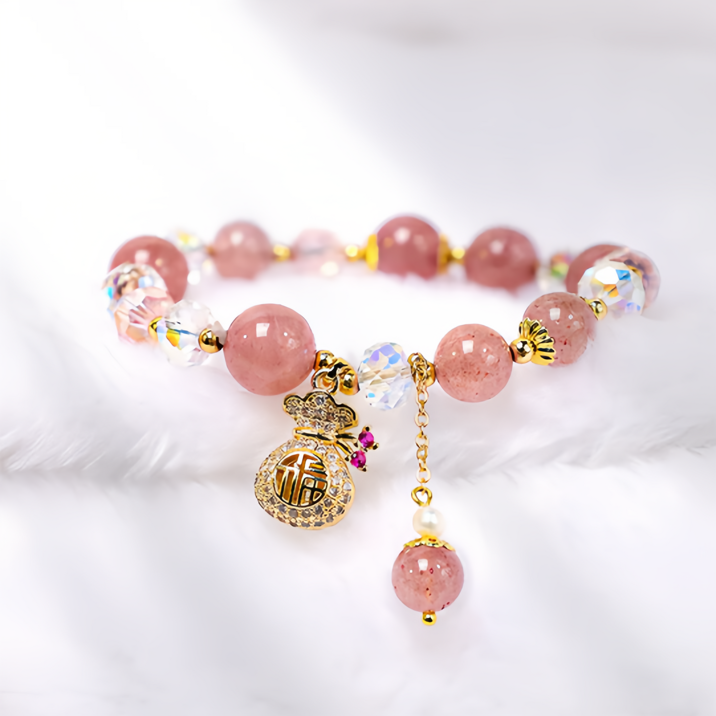 Natural Strawberry Quartz Crystal Money Bag Charm Positive Bracelet