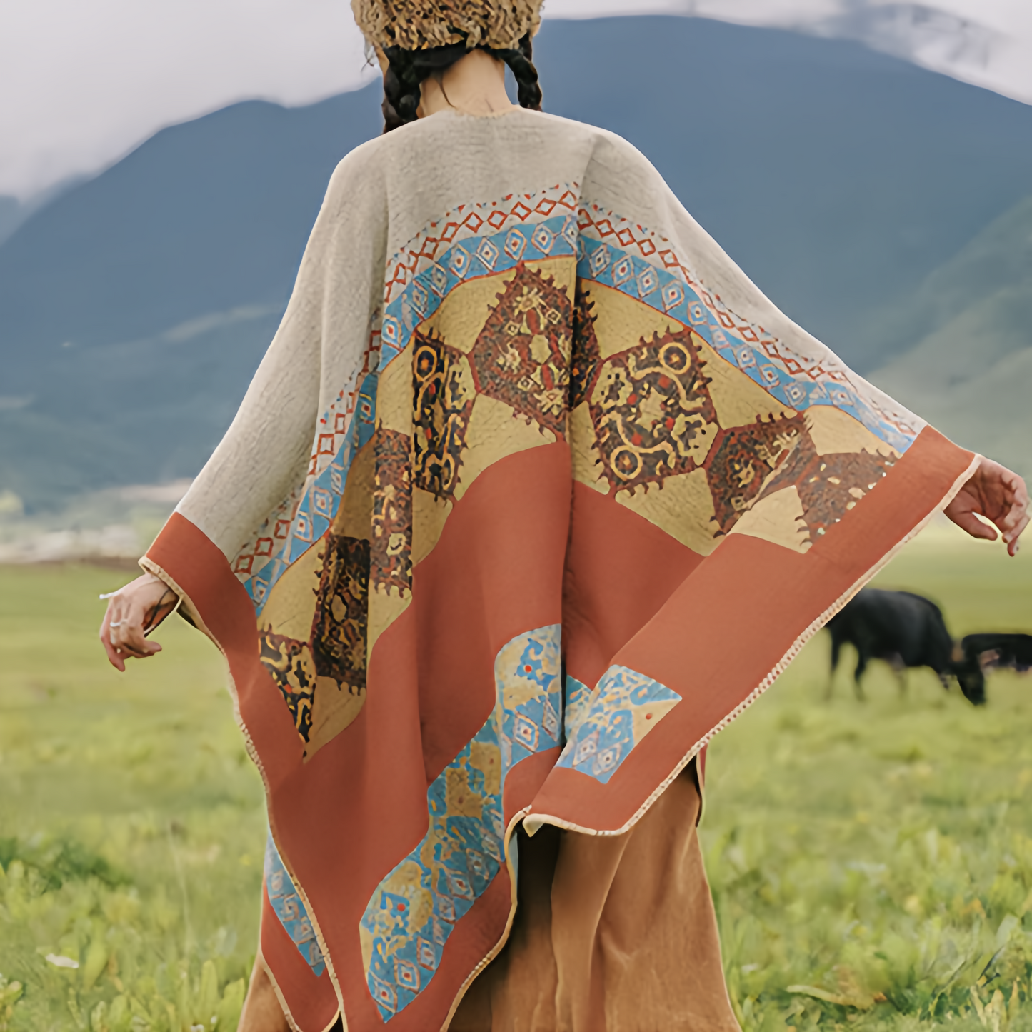 Scialle tibetano con motivo a rombi, sciarpa invernale calda