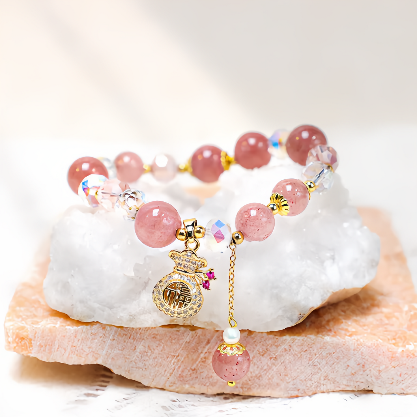 Natural Strawberry Quartz Crystal Money Bag Charm Positive Bracelet