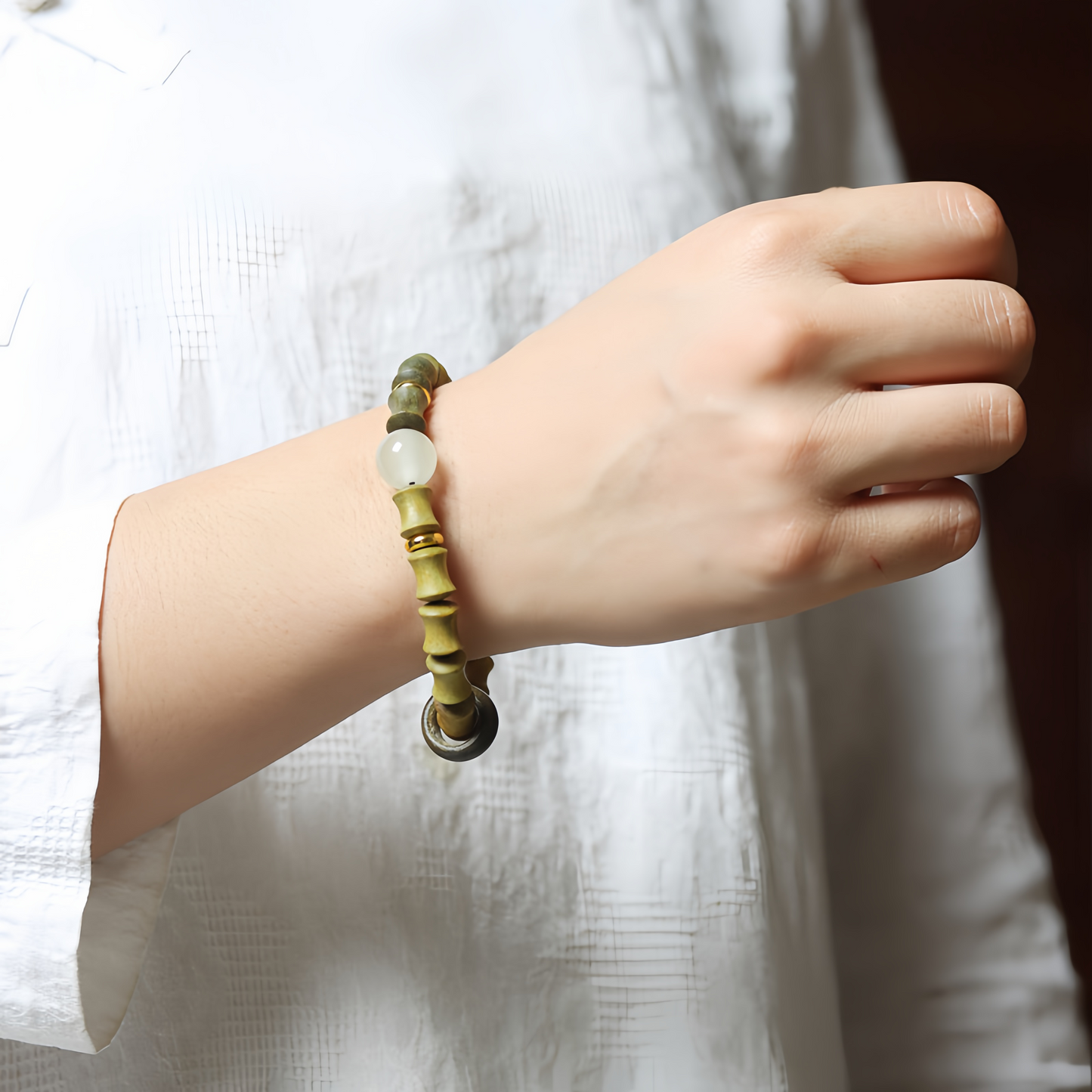 Buddha Beads Sandalwood Bamboo Node & Climbing Higher Design Moonstone Bracelet - Wellness Jewelry for Inner Peace