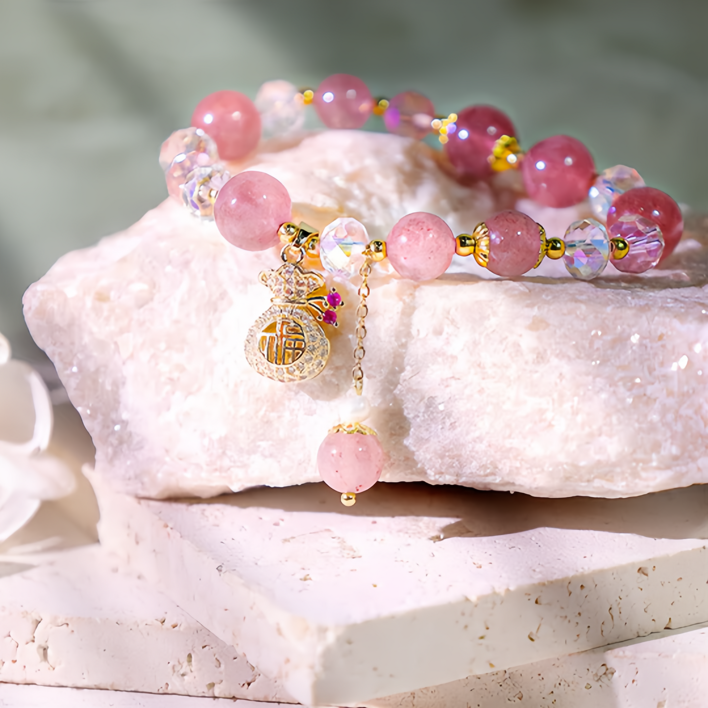Natural Strawberry Quartz Crystal Money Bag Charm Positive Bracelet