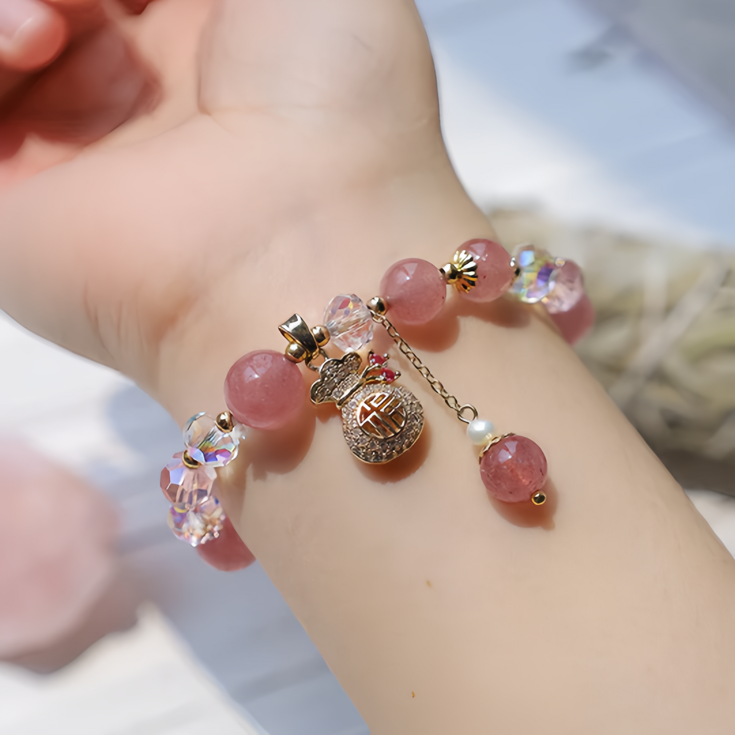 Natural Strawberry Quartz Crystal Money Bag Charm Positive Bracelet