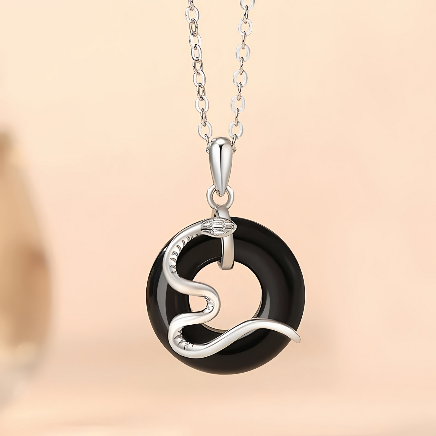 925 Sterling Silver Black Onyx Chalcedony Peace Buckle Year Of The Snake Luck Pendant Necklace