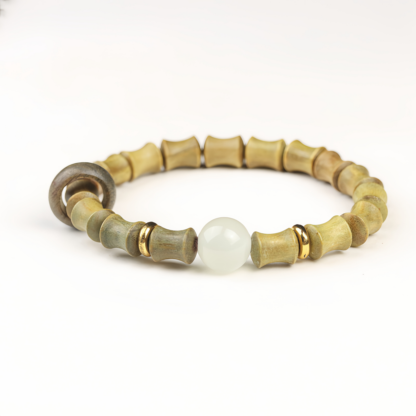 Buddha Beads Sandalwood Bamboo Node & Climbing Higher Design Moonstone Bracelet - Wellness Jewelry for Inner Peace