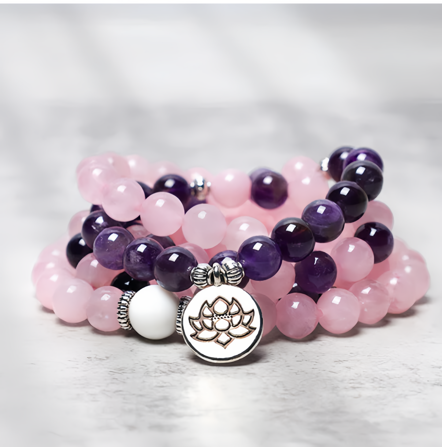 Healing Energy Jewelry: 108 Natural Rose Quartz & Amethyst Mala Bead Lotus Pendant Bracelet
