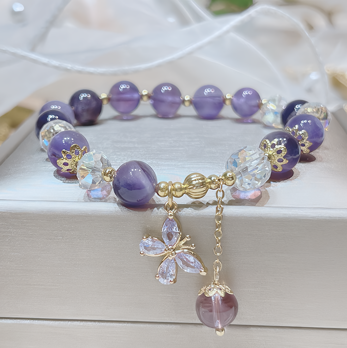 Natural Amethyst Crystal Spiritual Butterfly Charm Bracelet
