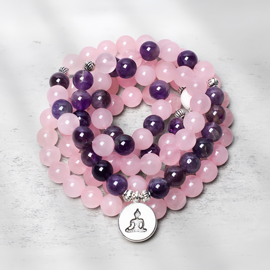 Healing Energy Jewelry:  108 Natural Rose Quartz & Amethyst Mala Bead Lotus Pendant Bracelet