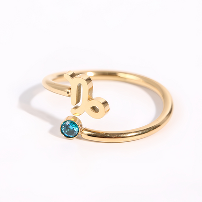 Zodiac Birthstone Titanium Steel Ring with Rune Symbols - Adjustable Open  Zircon Astrology Jewelry