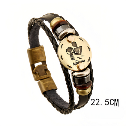 12 Zodiac Signs Handmade Leather Couple Bracelet with Hematite Totem Stone - Mystical Love Jewelry for 2025
