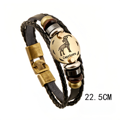12 Zodiac Signs Handmade Leather Couple Bracelet with Hematite Totem Stone - Mystical Love Jewelry for 2025