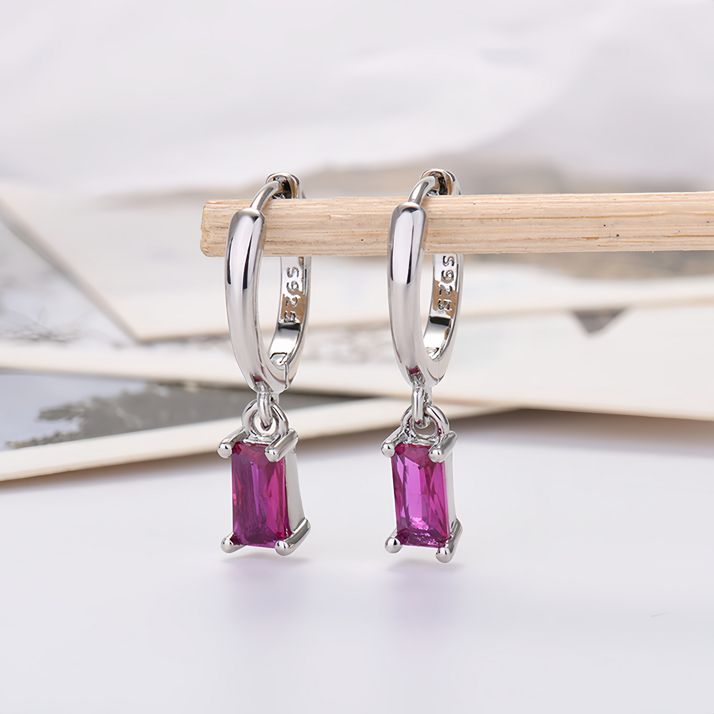 Multicolor Cubic Zirconia Rectangle Earrings - 925 Silver Hypoallergenic Minimalist Elegant Jewelry for Women