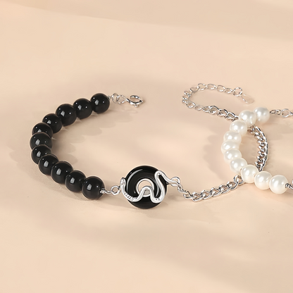 Black Obsidian Black Onyx Chalcedony Peace Buckle 925  Sterling Silver Year Of The Snake Pearl Purification Couple's Bracelet
