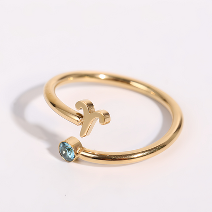 Zodiac Birthstone Titanium Steel Ring with Rune Symbols - Adjustable Open  Zircon Astrology Jewelry