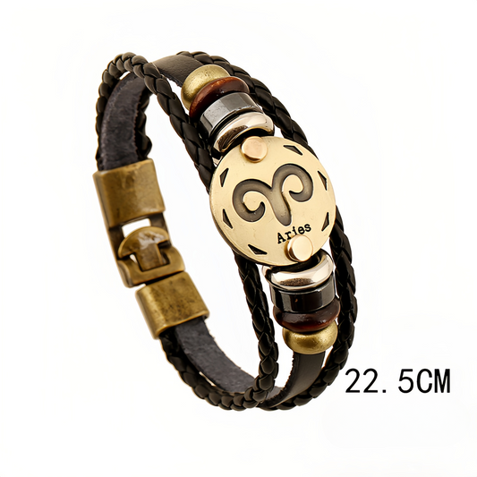 12 Zodiac Signs Handmade Leather Couple Bracelet with Hematite Totem Stone - Mystical Love Jewelry for 2025