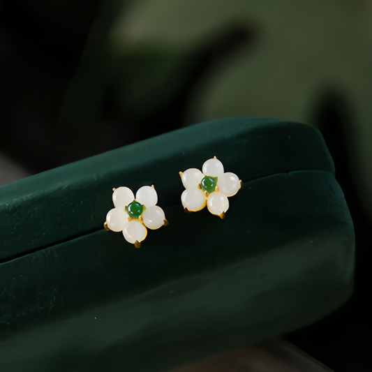 White Jade Flower Stud Earrings—Handmade Lucky Charm Blessing Jewelry for Women,14K Gold Plating