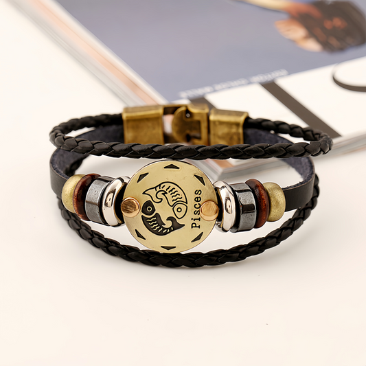 12 Zodiac Signs Handmade Leather Couple Bracelet with Hematite Totem Stone - Mystical Love Jewelry for 2025