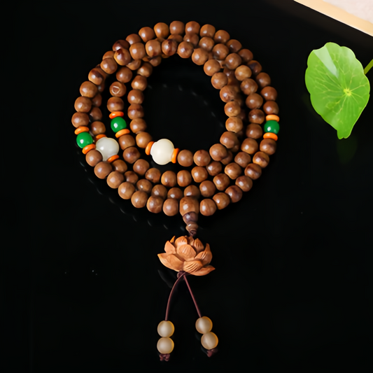 108 Peachwood Lotus Zen Meditation Mala Beads - Natural Handmade Adjustable Unisex Spiritual Jewelry