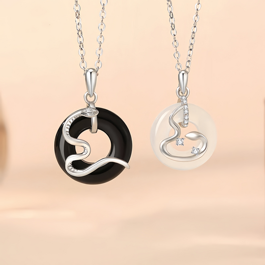 925 Sterling Silver Black Onyx Chalcedony Peace  Buckle Year Of The Snake Luck Pendant Necklace