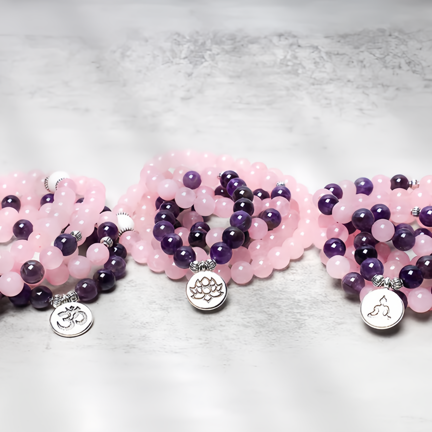 Healing Energy Jewelry:  108 Natural Rose Quartz & Amethyst Mala Bead Lotus Pendant Bracelet