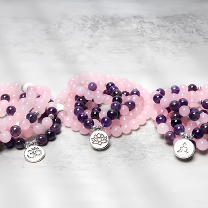 Healing Energy Jewelry:  108 Natural Rose Quartz & Amethyst Mala Bead Lotus Pendant Bracelet