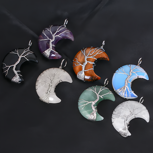 Healing Energy Jewelry:Natural Quartz Crystal Moon Tree Of Life Healing Energy Necklace Pendant