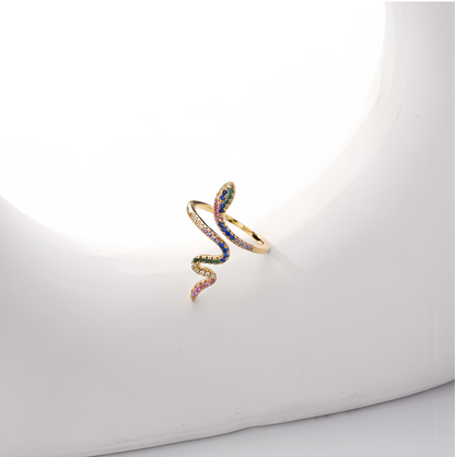 925 Sterling Silver Plated Gold Fashion Personality Snake Geometric  Adjustable Open Ring with Colored Cubic Zirconia - Luxurious Look