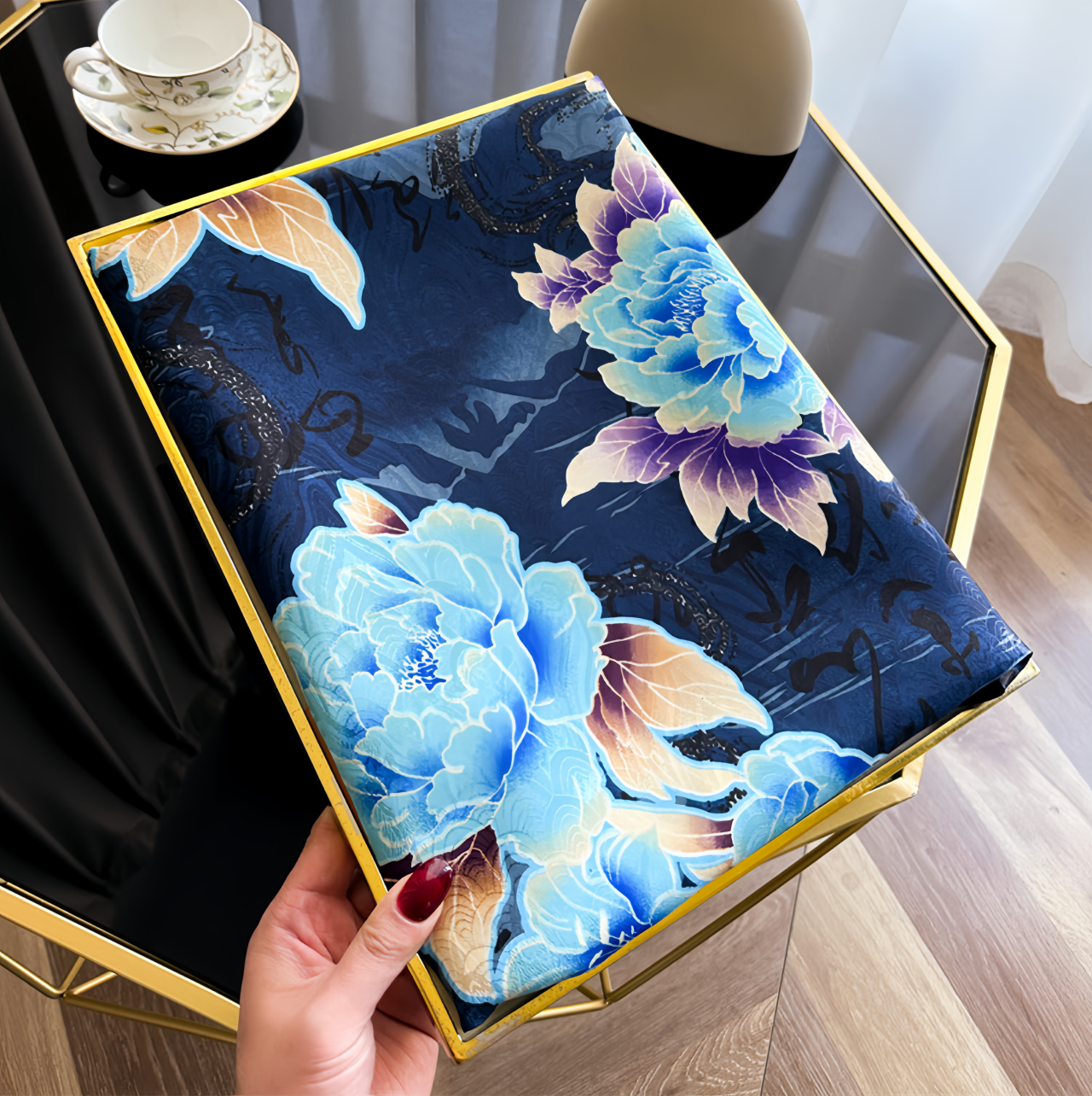 2025 UV-Protective Handwoven Silk Scarf - Vintage Blue Peony & Bamboo Lightweight Ethno Fashion